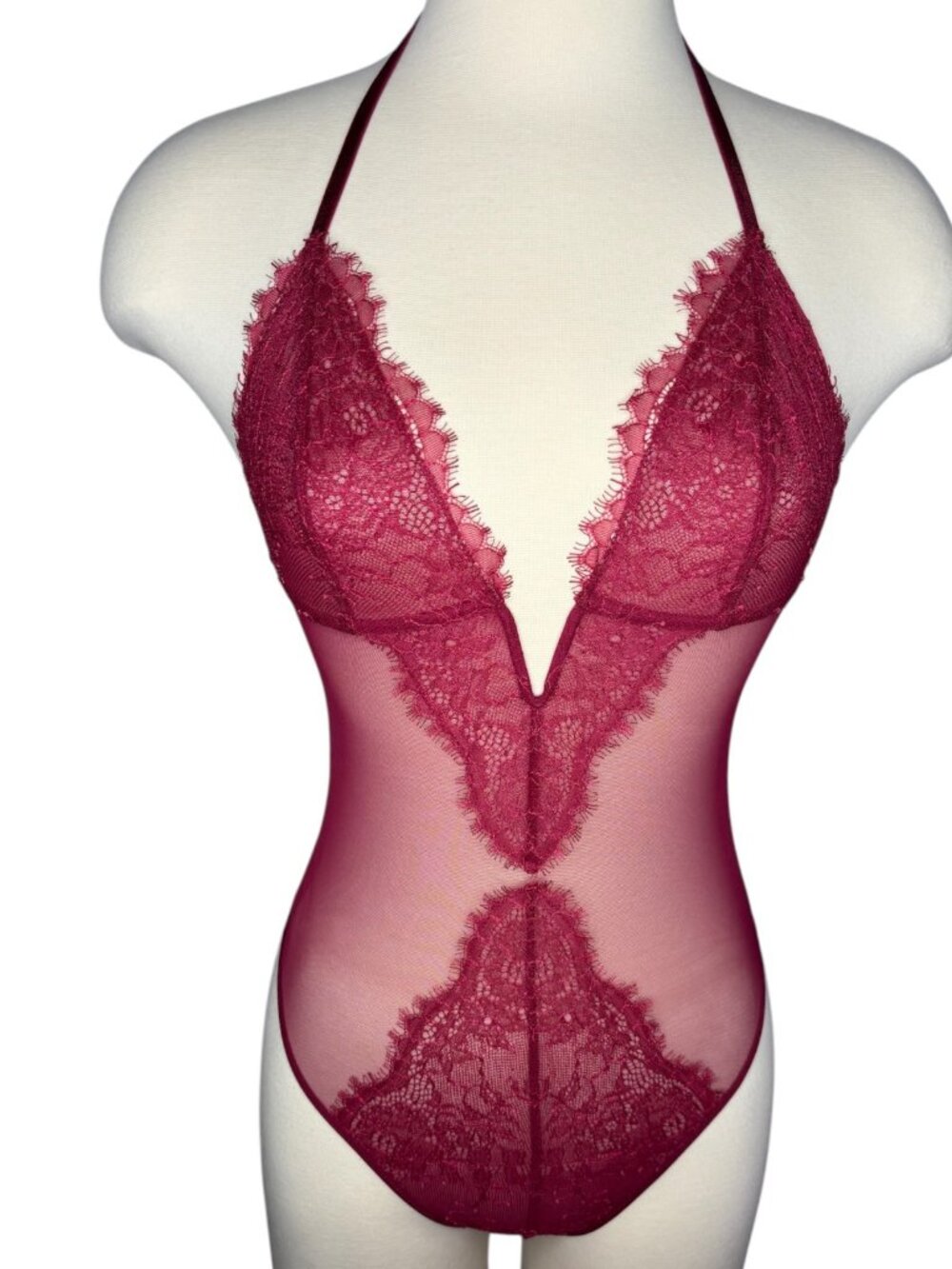 Victoria's Secret Sheer Mesh Lace Cut Out V-Neck Teddy Bodysuit Thong Lingerie S